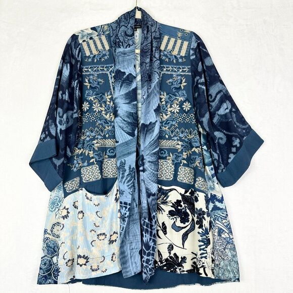 John Mark Print Embroidered Kimono Size Medium Floral Patchwork Boho - Picture 1 of 8